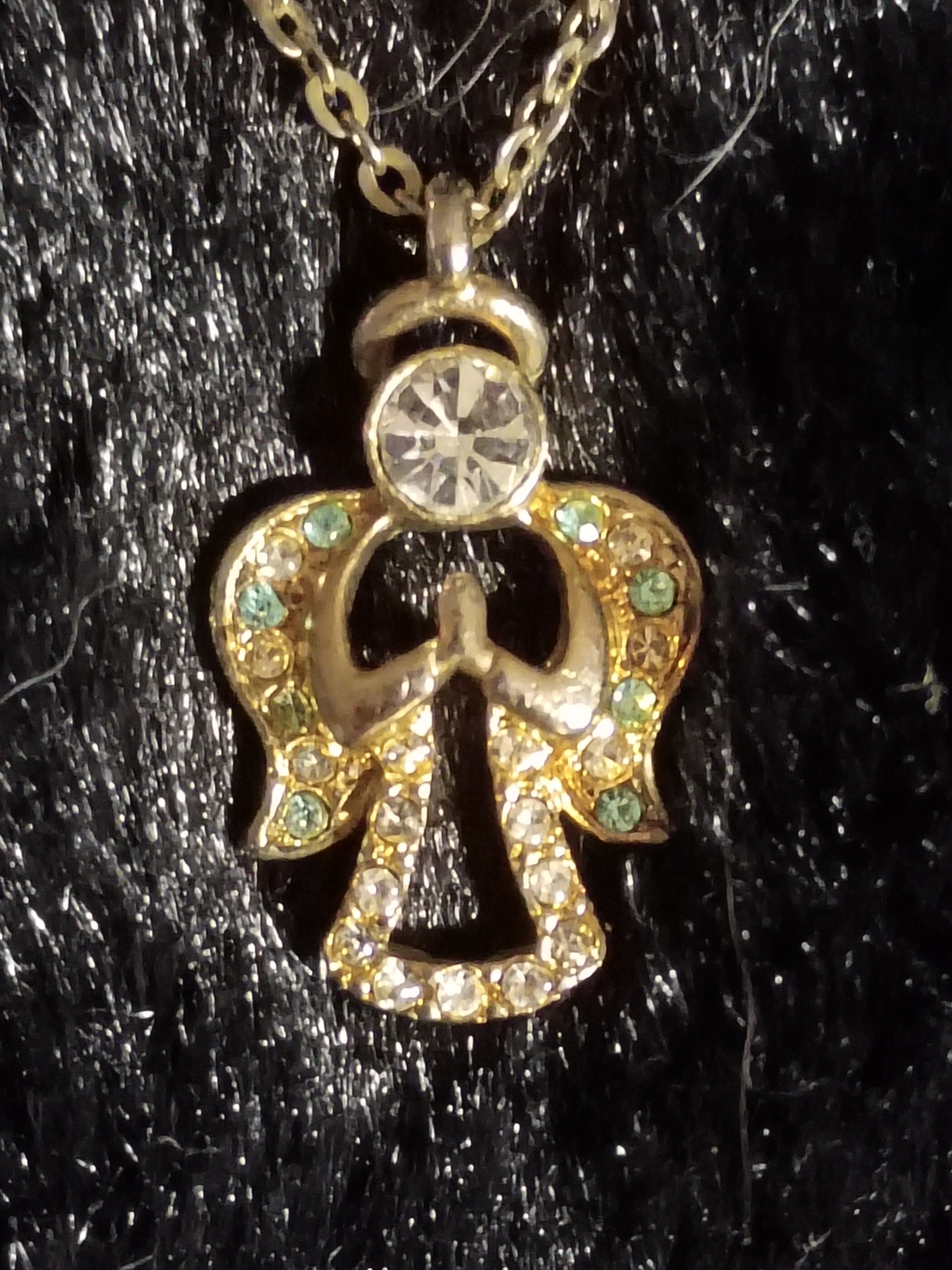 Gold-Tone Angel Pendant Necklace with Clear and Green Crystals 10"